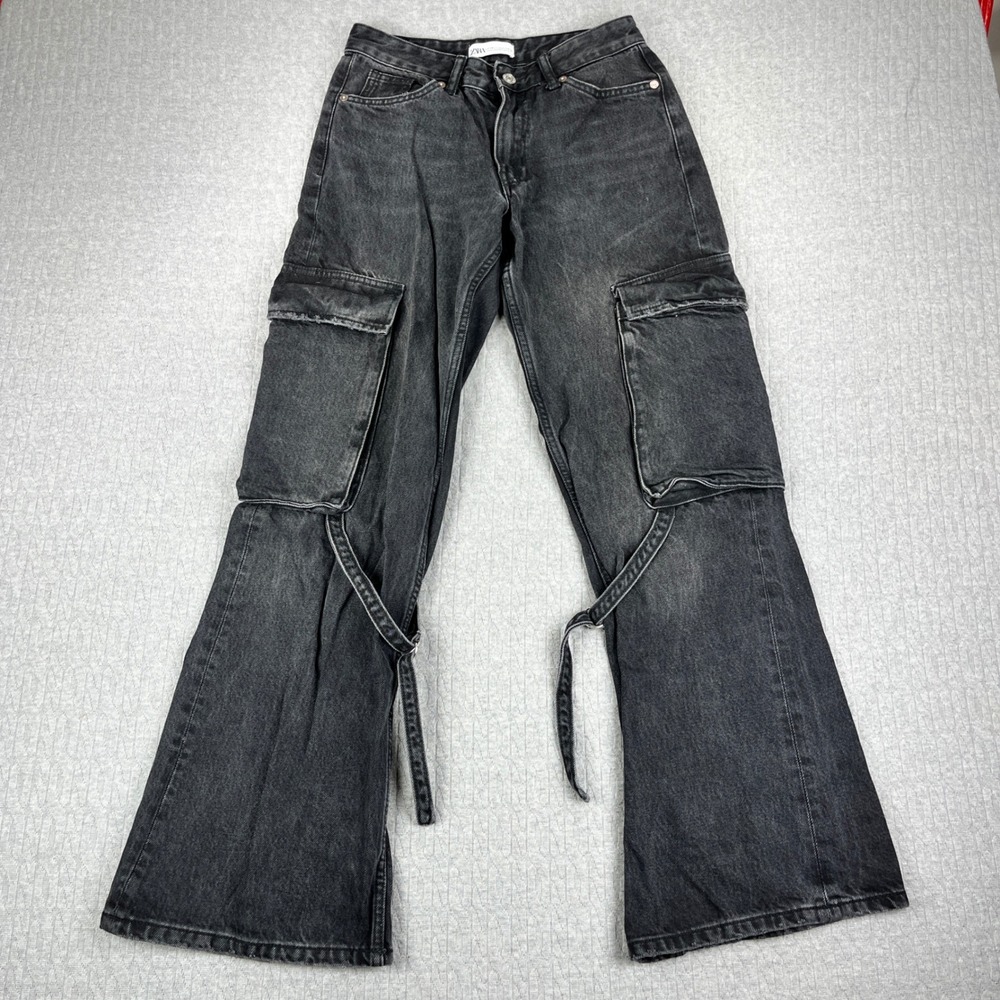 Zara Cargo Bootcut Jeans Women 2/26X30 Black Wide Leg Utility Distressed Straps